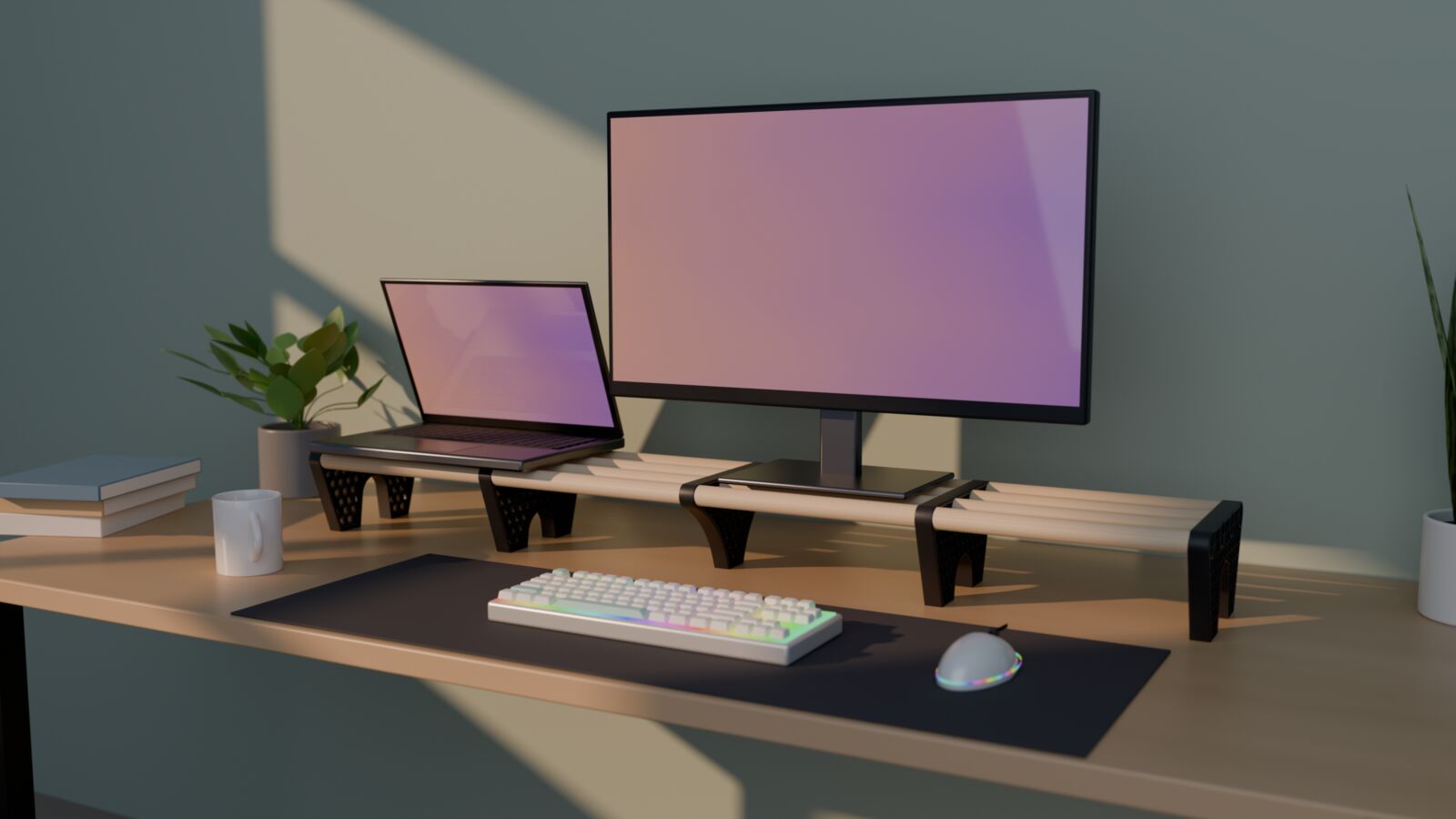 Estantería ALVEO sobre un escritorio, con un monitor y un portátil encima